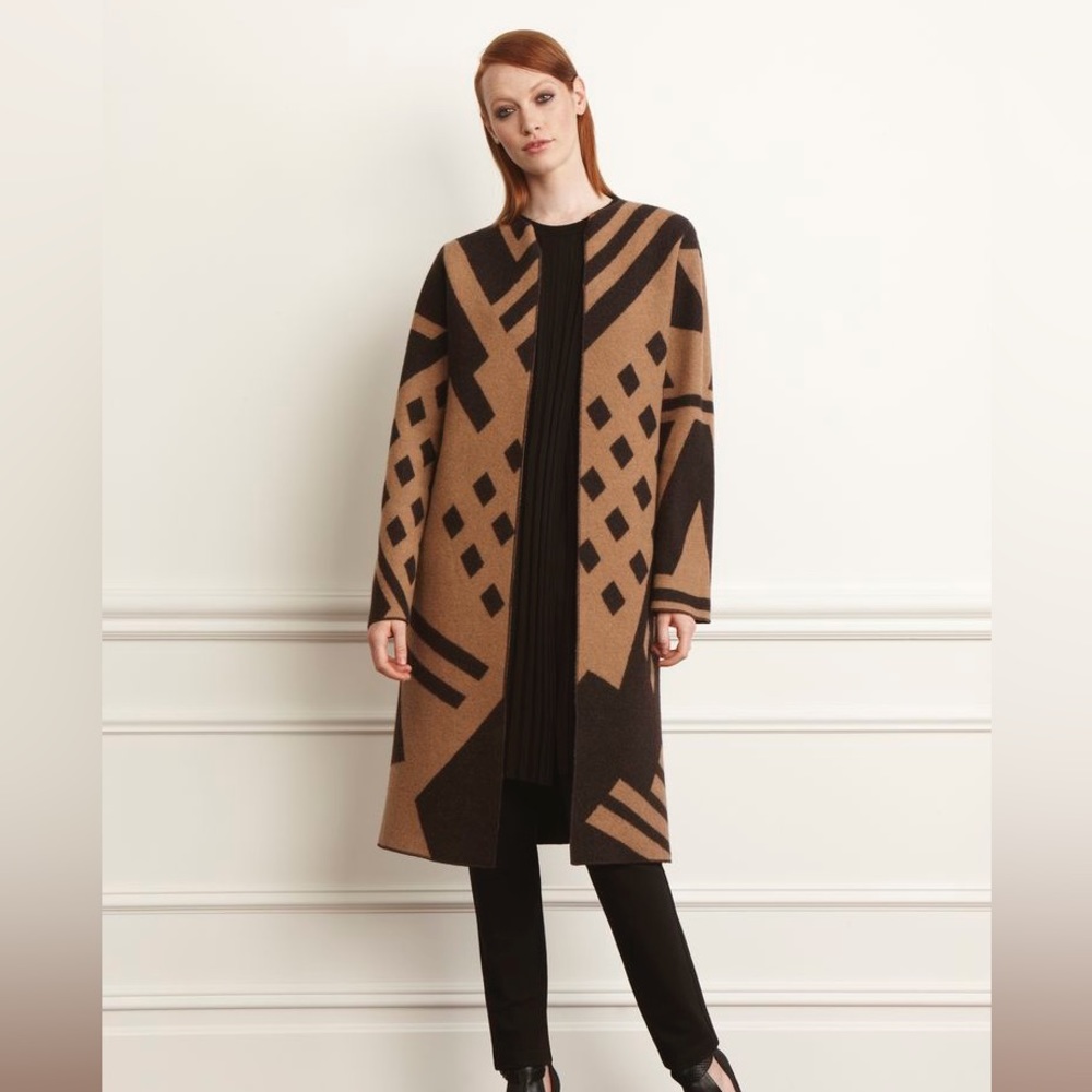 Worth Collection Brown and Tan Wool Sweater Coat Size S